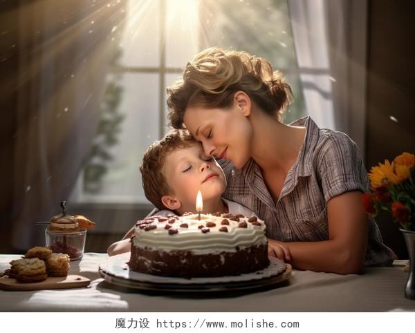 母亲和儿子拥抱家庭生日聚会生日庆祝祝福生日快乐生日蛋糕HAPPY BIRTHDAY